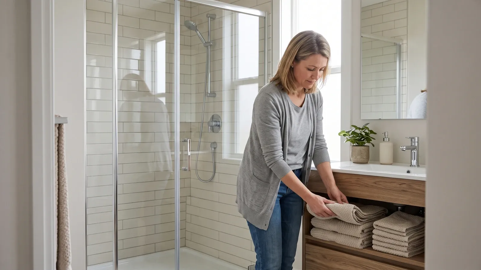Updated bathroom with a walk-in shower and practical vanity.