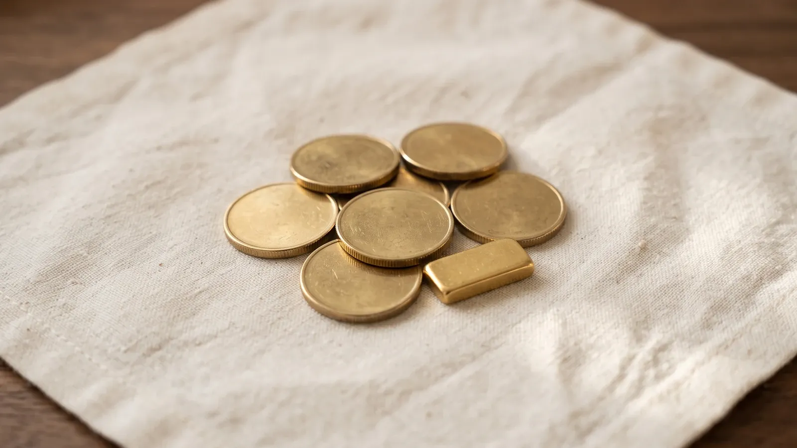 Gold coins beside a small bullion bar.