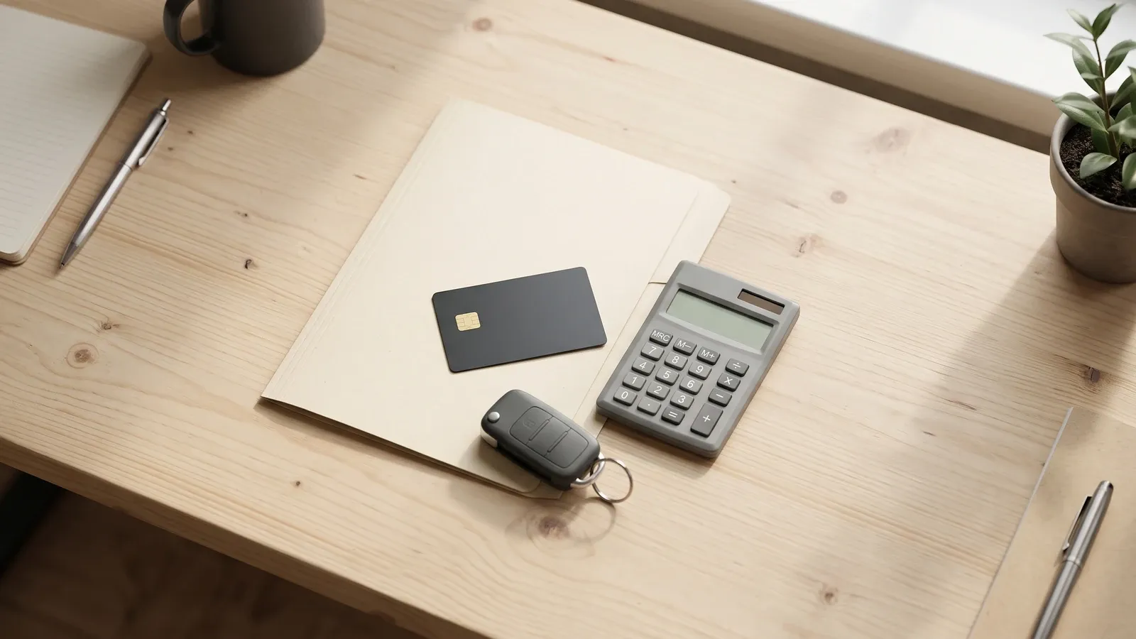 Car key, calculator and credit card arranged beside insurance paperwork.