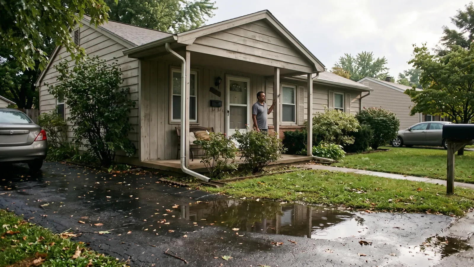 Homeowner observing pooled rainwater outside a suburban home.