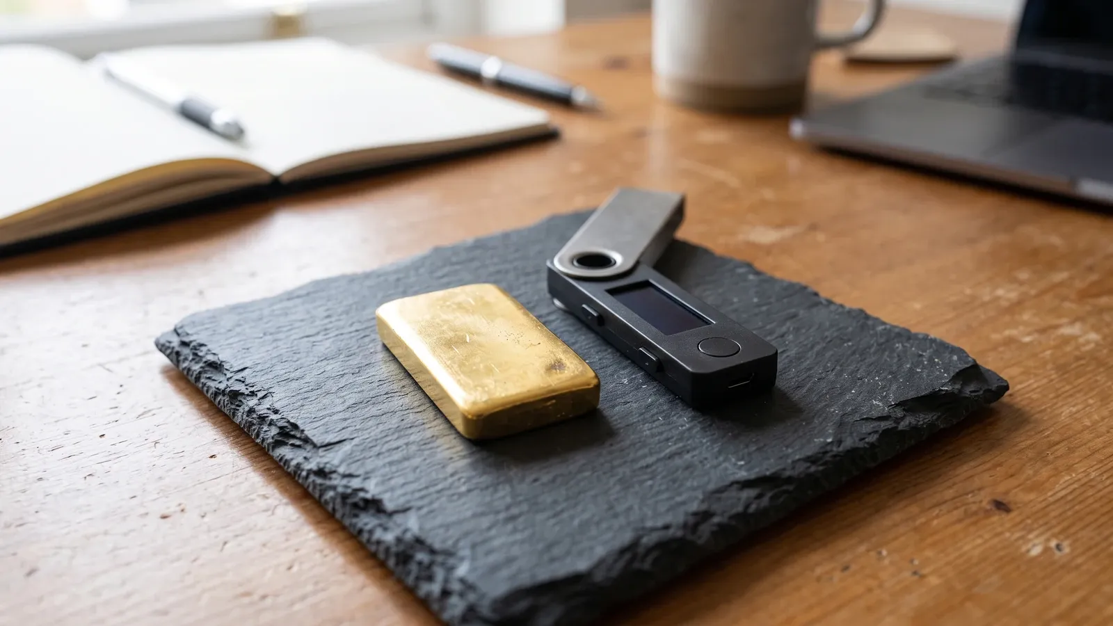 Gold bar beside a cryptocurrency hardware wallet.