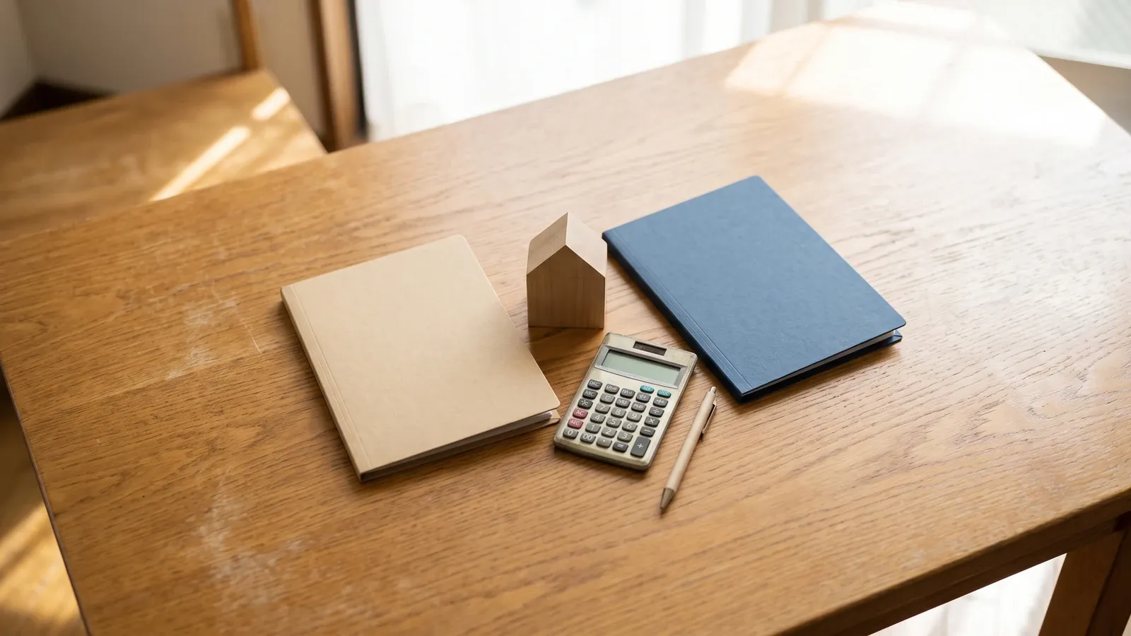 Two document folders and a house model representing home-financing options.