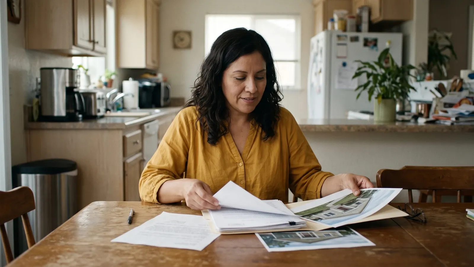Homeowner organizing insurance correspondence and property photographs.