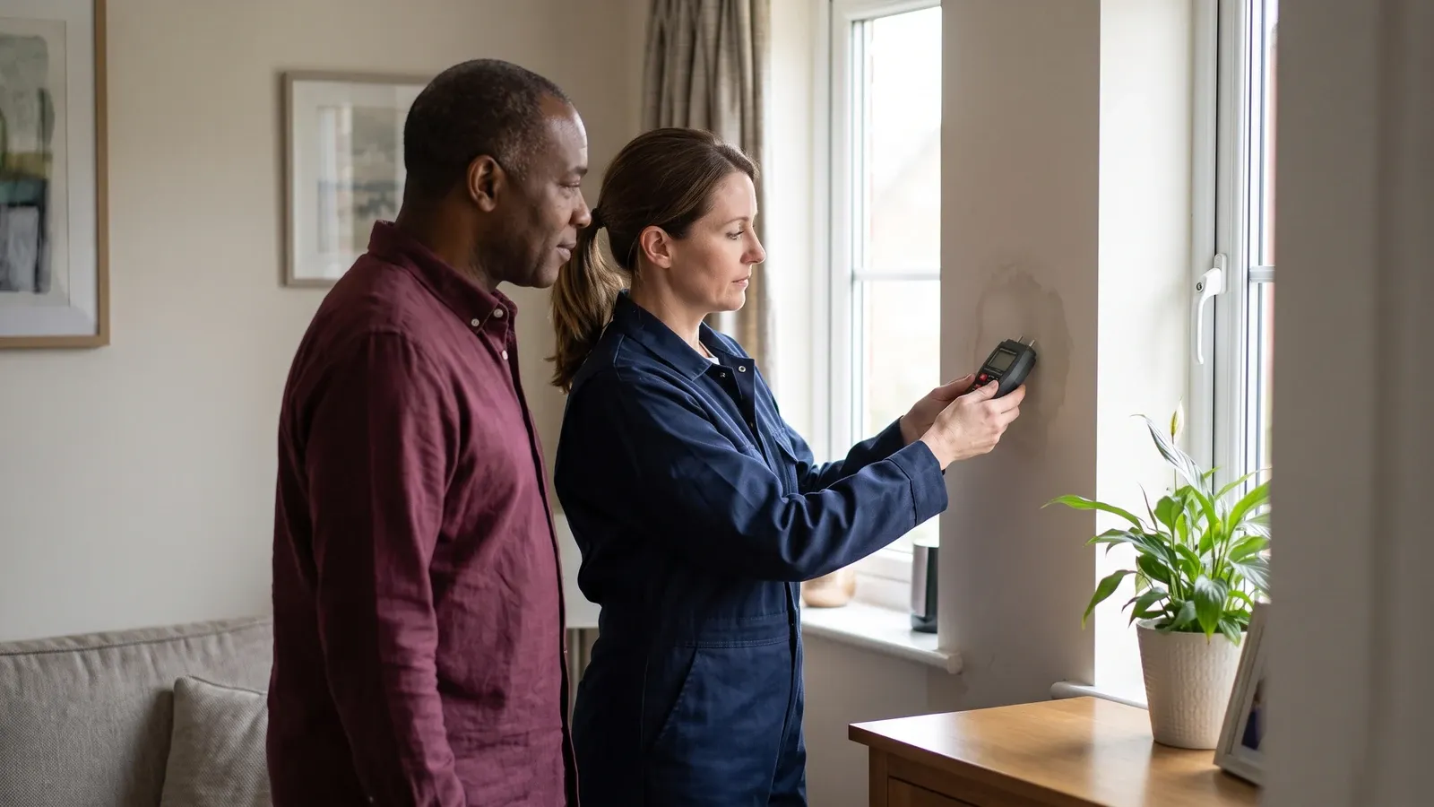 Homeowner and inspector examining a water stain near a window.