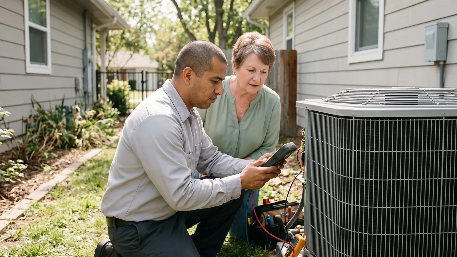 Technician inspecting an outdoor air-conditioning unit with a homeowner.