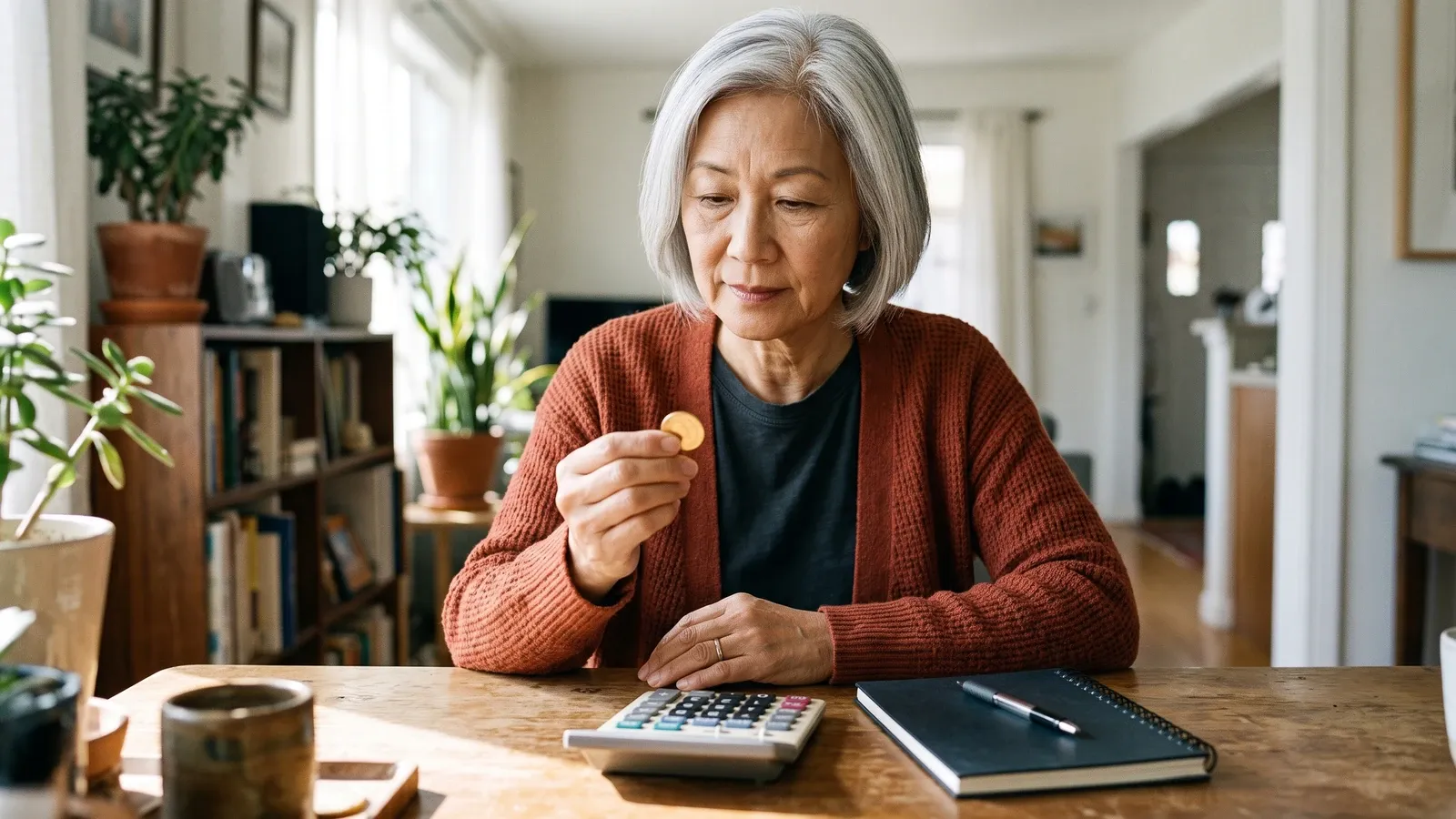 Person considering a gold coin beside a calculator and notebook.