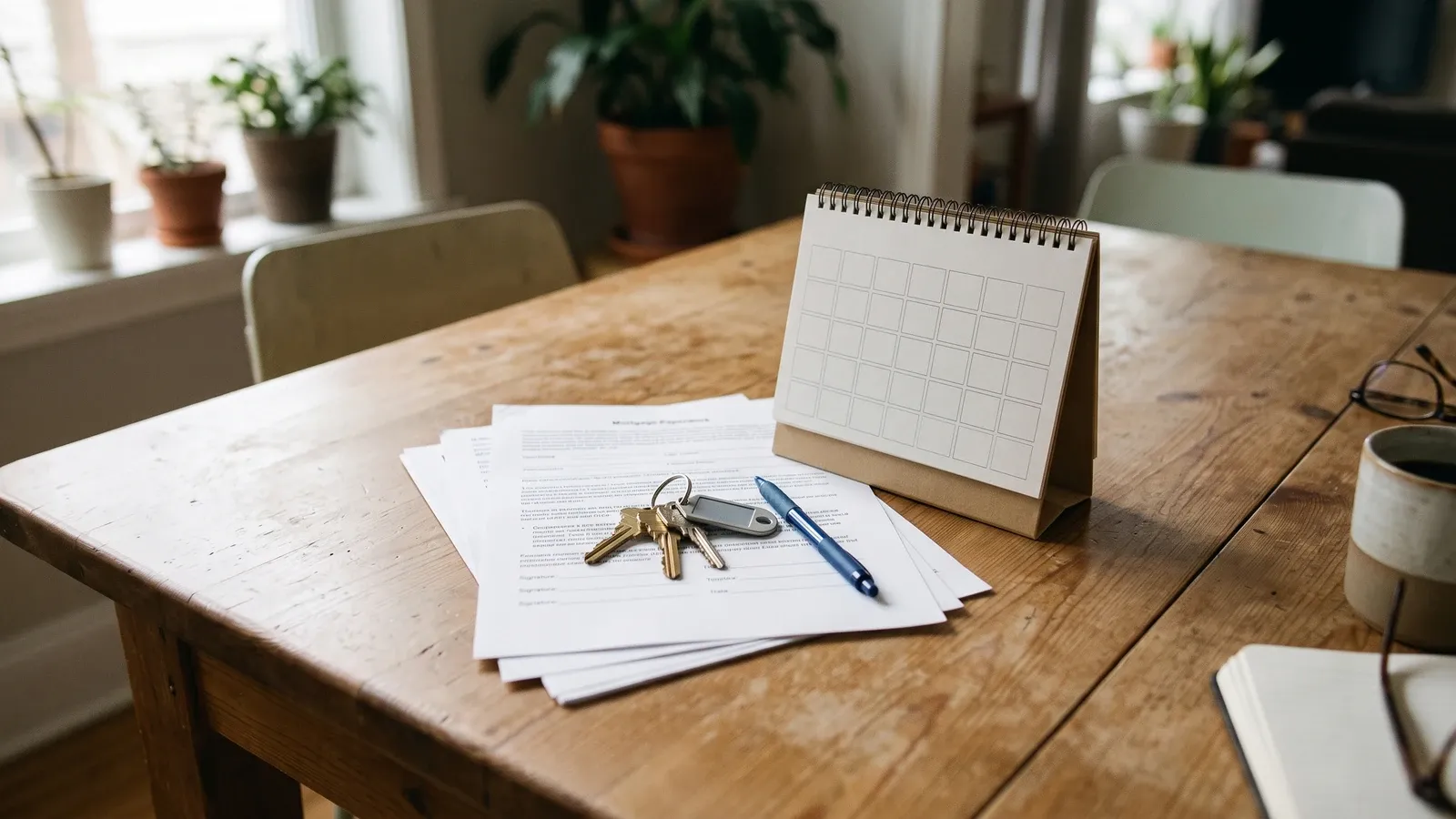 House keys and a calendar beside mortgage paperwork.