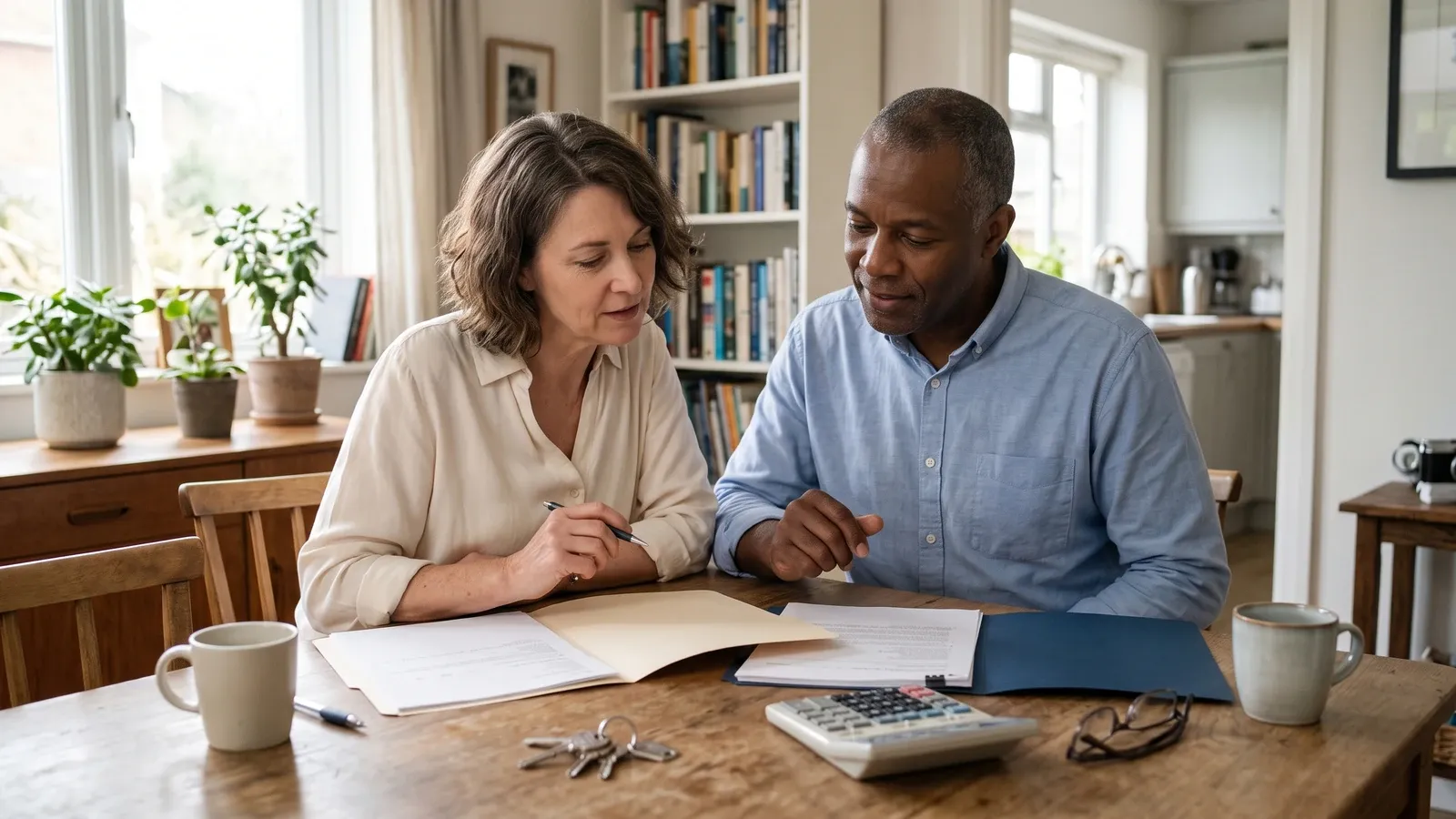 Couple comparing financial paperwork at their dining table.