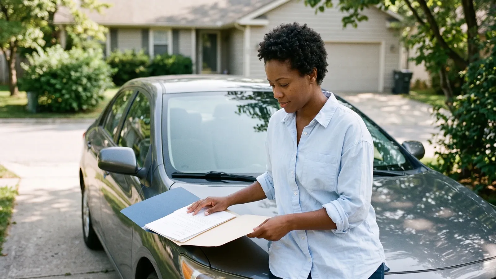 Driver comparing insurance paperwork beside a parked car.