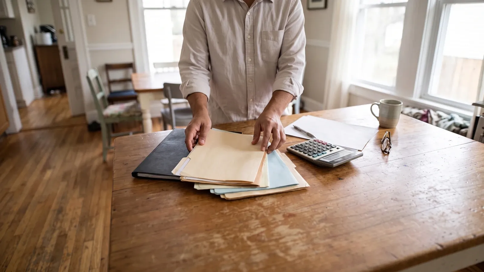 Payment paperwork being organized beside a calculator.