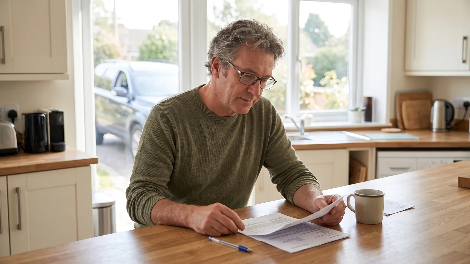 Car owner reviewing an insurance renewal letter at home.
